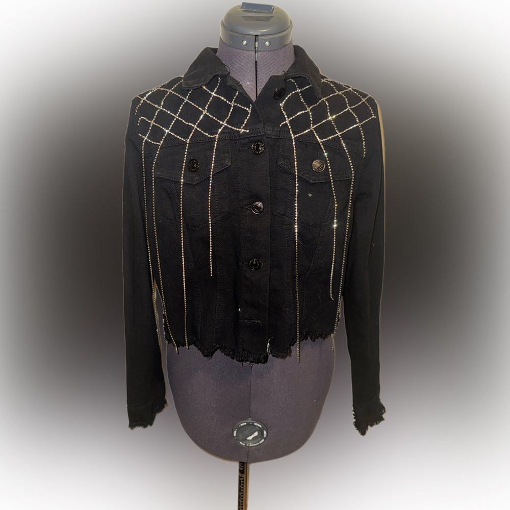 Denim Blvd Los Angeles Rhinestones Strings Black Jean Jacket Women’s Size S